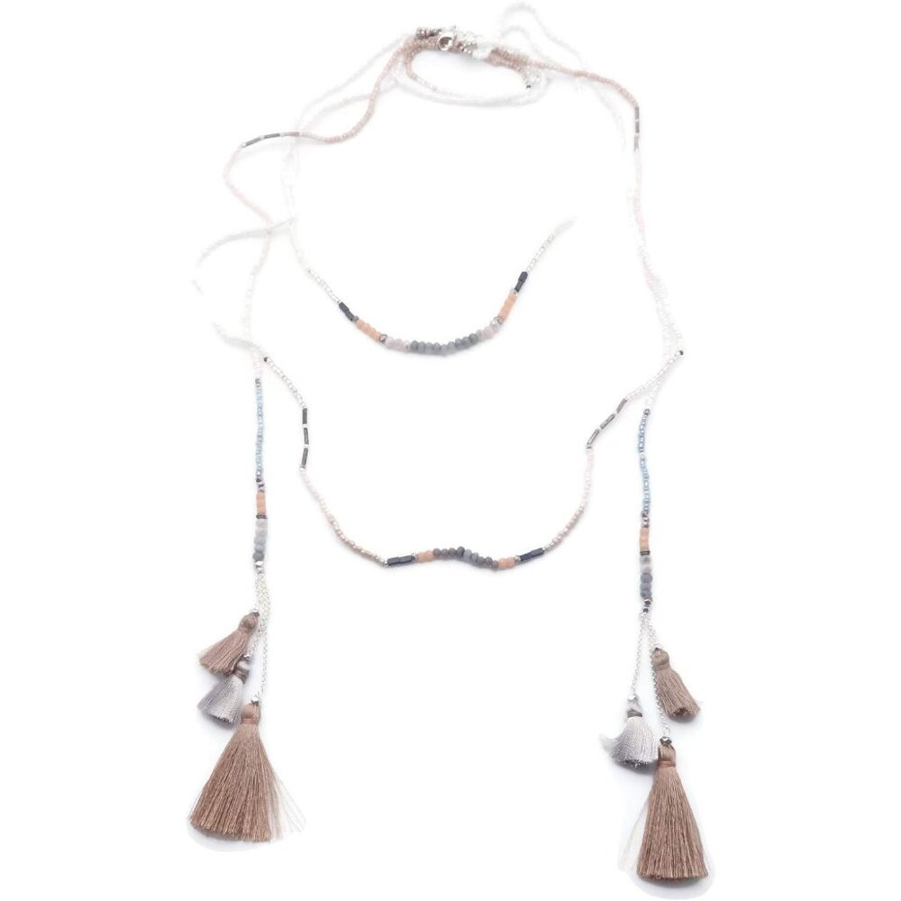 Nakamol Gray Mineral Stone & Crystal Beaded Tassels Silver Layer Necklace NEW
